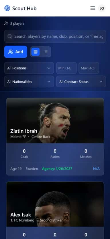 ScoutHub Player Database — grid view with player cards showing photo, club, position, and stats