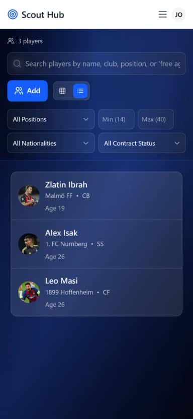 ScoutHub Players List — compact list view with player avatars and key info