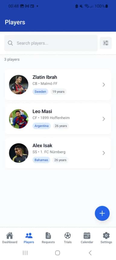 ScoutHub Players Search — search and filter players by name, club, position, or nationality