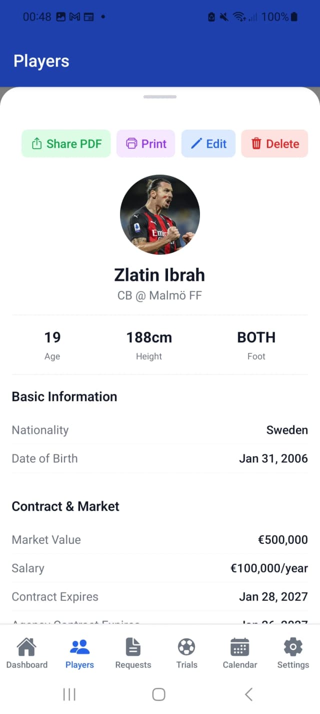 ScoutHub Player Profile — detailed view with contract info, market value, and scouting notes