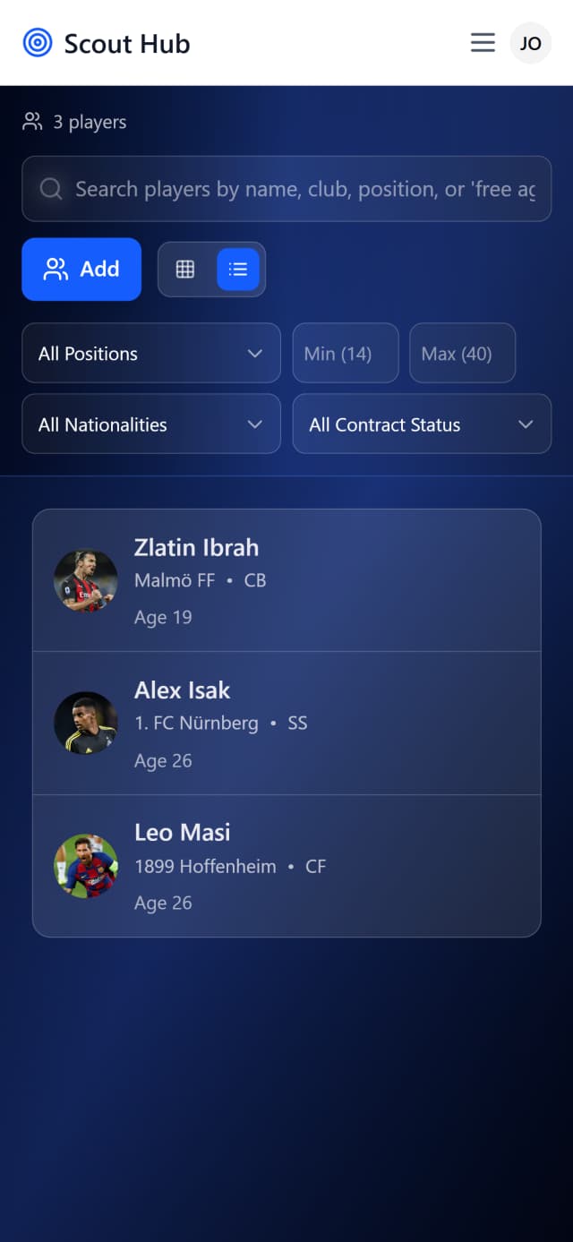 ScoutHub Players List — compact list view with player avatars and key info